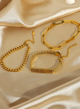 欧美不锈钢古巴手链 复古网带钛钢镀金宽手链18K真空电镀手链饰品