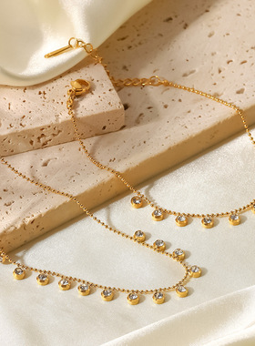 INS法式新款镶钻流苏颈链时尚百搭钛钢项链白色锆石不锈钢颈链女