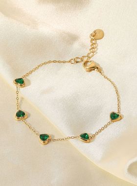 欧美INS新款手链14K金多个心形绿色锆石手链 钛钢时尚手链饰品女