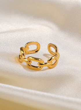 欧美INS风新款18K镀金不锈钢饰品方形扣链条开口戒指女士钛钢指环