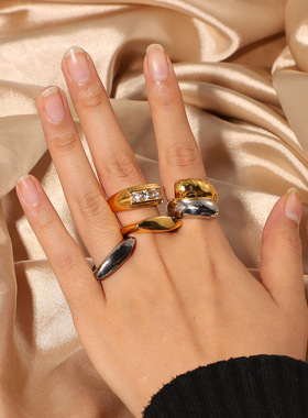 高抛光不锈钢朋克连接彩色十字戒指首饰光滑银金连接交叉手指戒指