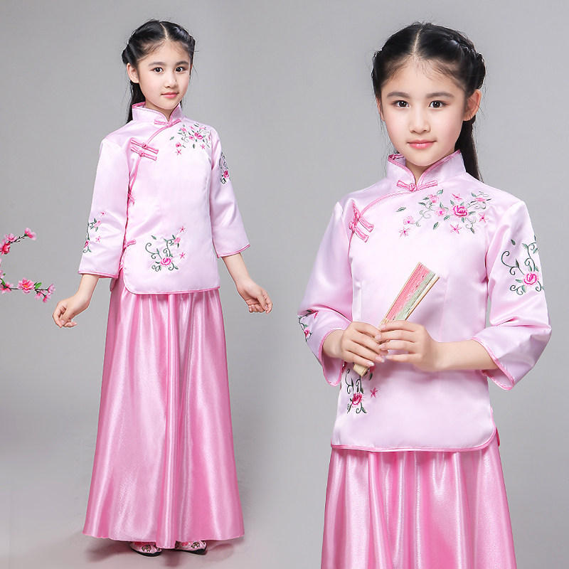 儿童民国风童装学生女童绣花表演合唱古筝民族毕业班服装古装汉服
