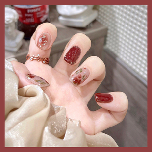 假指甲贴片成品 玫瑰红色晕染手绘覆盆子 新年穿戴甲定制手工美甲