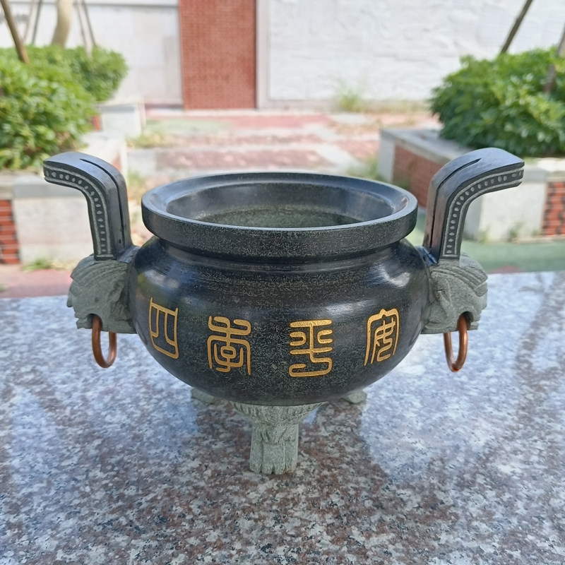 惠安石雕石头圆香炉寺庙居家佛堂祠堂复古香炉龙头香炉土地爷香炉
