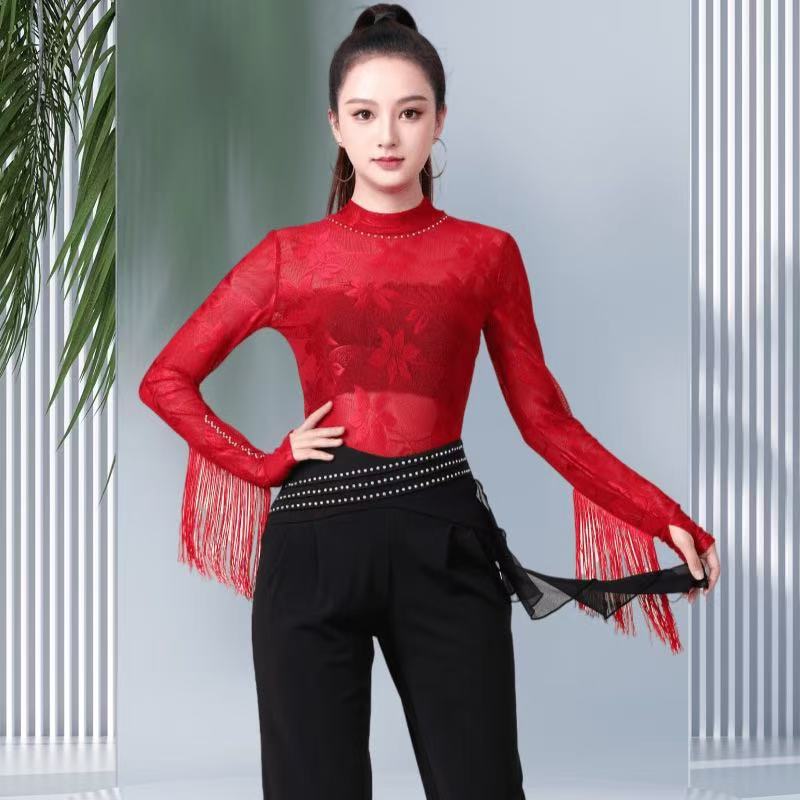 舞渊阁新款流苏袖舞蹈衣高档广场舞吉特巴三步踩水兵舞网纱钻上衣