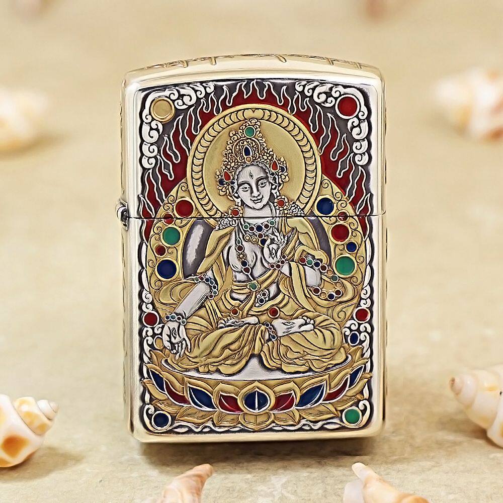 zippo打火机正品镀银鎏金白度母珐琅彩雕刻防风煤油高档男士礼物