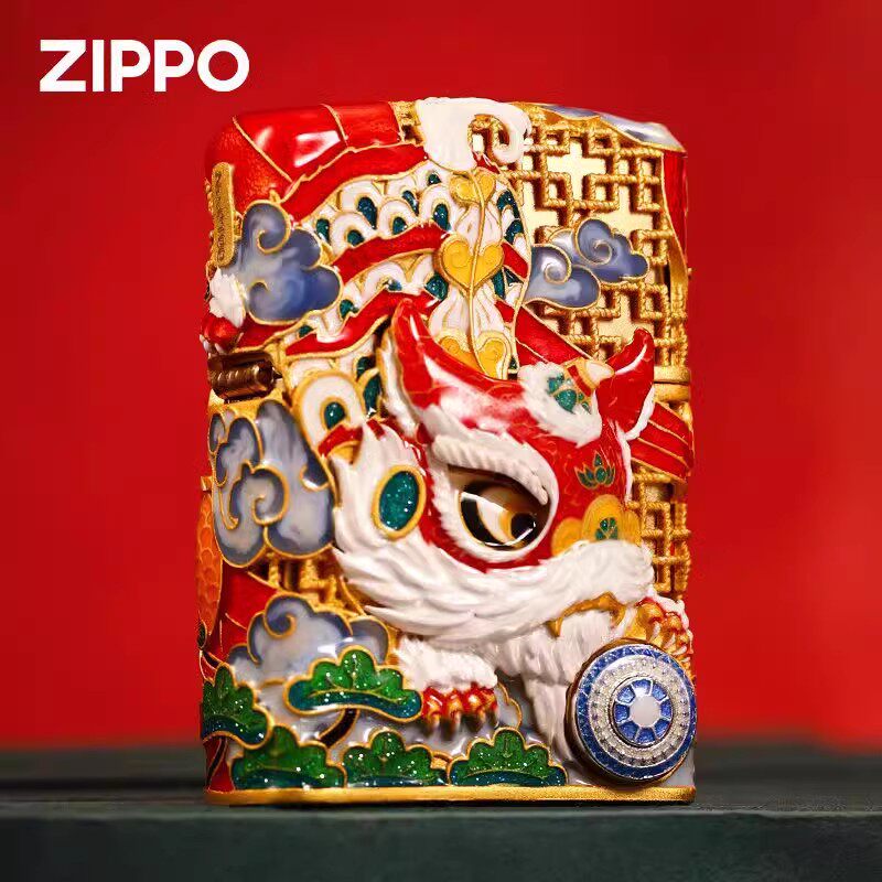 正品Zippo打火机 重盔甲夜光灵动舞狮珐琅套壳防风礼盒收藏男士