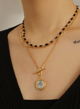 中古风叠戴古币吊坠项链