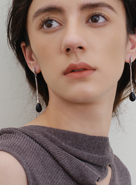 JILIFANG小众设计冷淡风极简主义百搭长款液化黑色水滴显瘦脸耳环