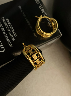 推荐中古风法式奢潮复古欧美金色镂空雕花粗款圆环hoop凯旋门耳环