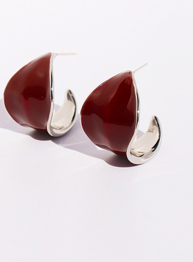 小众气质董洁复古卷曲立体花瓣叶片红色珐琅新年圣诞节日氛围耳环