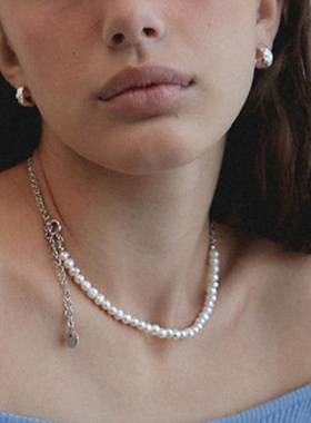 天然珍珠碎银子拼接锁骨链