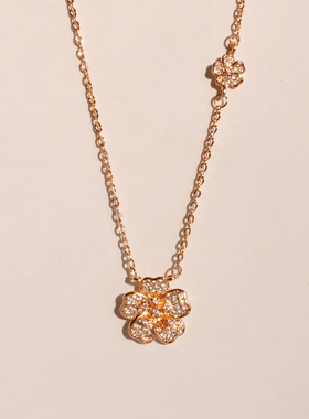 JILIFANG 高保色复古精致法式玫瑰金超闪镶钻双花吊坠项链锁骨链