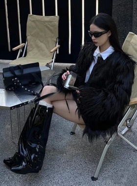 FANSS 黑色环保皮草女款2024新款秋冬流行时尚年轻款加棉毛毛外套