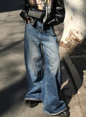 蓝色休闲宽松阔腿裤高腰显瘦直筒牛仔裤2024年新款女时尚潮流春秋