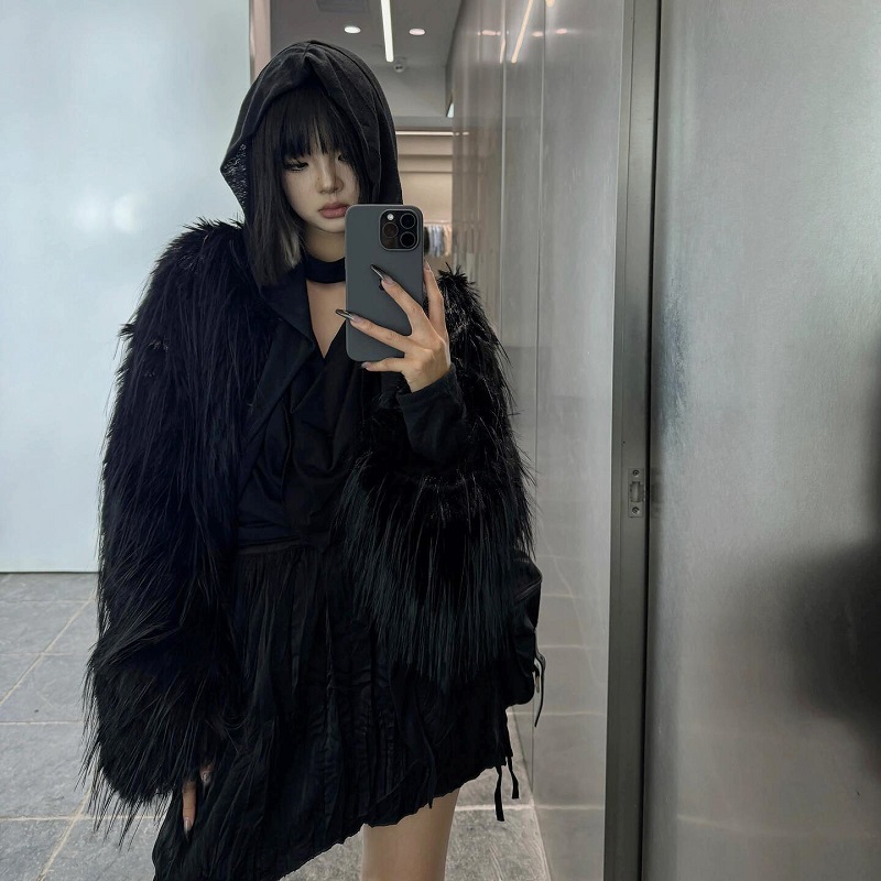 高级感~fanss新品黑色皮草外套女
