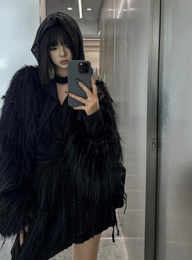 黑色流苏环保狐狸皮草女款2025新款海宁时尚年轻款冬季厚毛毛外套