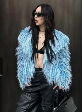 皮毛一体韩系蓝色羊羔毛外套女2025新款毛茸茸小个子环保皮草冬厚