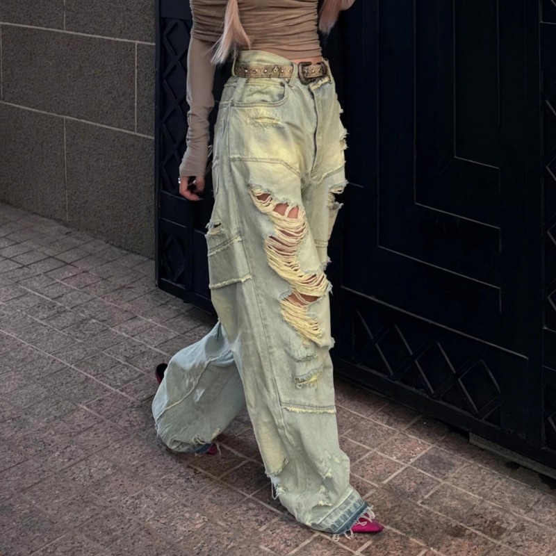 FANSS设计感小众复古破洞牛仔裤