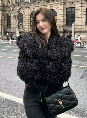 高级黑色羊羔毛外套女2025新款韩系年轻小个子毛茸茸环保皮草冬厚