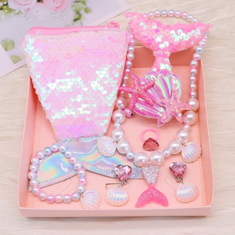 儿童项链美人鱼跨境货源儿童首饰套装女童项链手链发夹戒指饰品