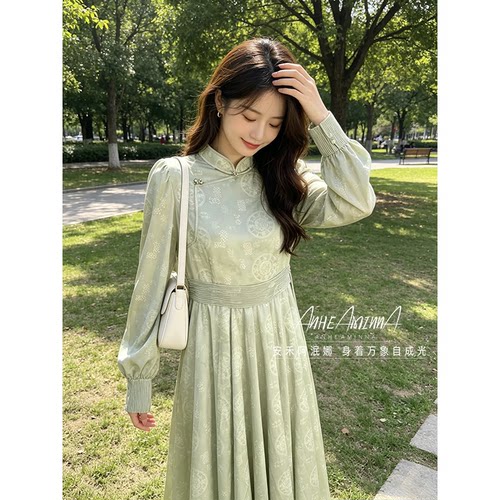 【阿泯娜安禾】长袖连衣裙 浅绿暗纹提花收腰长款大摆裙17422CL06