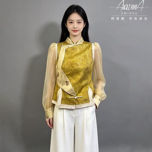 【阿泯娜】纱袖马甲 提花立领拼接网纱袖假两件上衣27422SW02