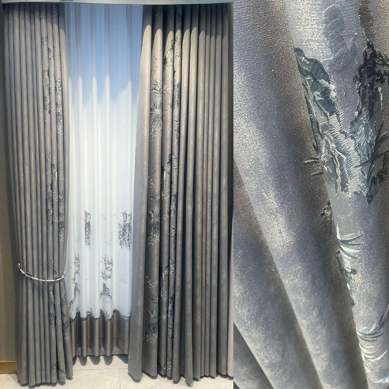 高档新中式别墅大平层窗帘客厅卧室飘窗高精密绣花高窗成品定制纱