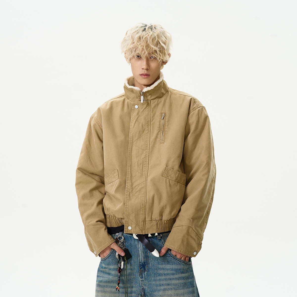 LOPEZ LAKE美式复古立领飞行夹克棉服冬季加绒短款boxy工装外套