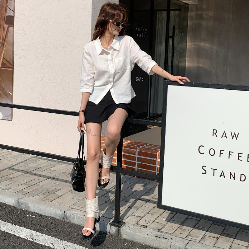 二茵ERYIN夏季新款亚麻衬衫时尚休闲七分袖通勤收腰上衣女