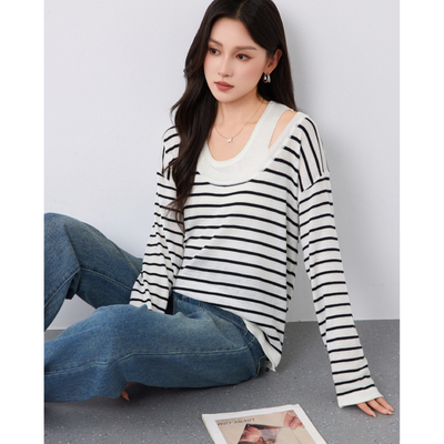 二茵ERYIN早秋新款休闲条纹U领背心+长袖针织衫上衣两件套