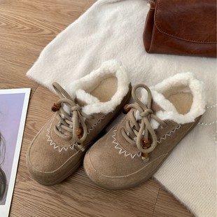 2025冬季新款加绒女鞋雪地靴保暖毛里中靴厚底女皮靴系带短靴女靴