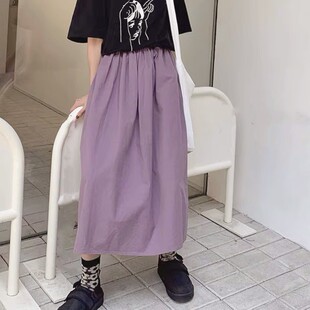 紫色半身裙女设计感纯色夏气质简约大摆裙高腰过膝A字裙蓬蓬伞裙