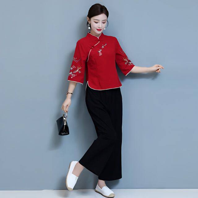 2025春夏女装民族风套装中式禅意茶服棉麻盘扣绣花上衣+阔腿裤