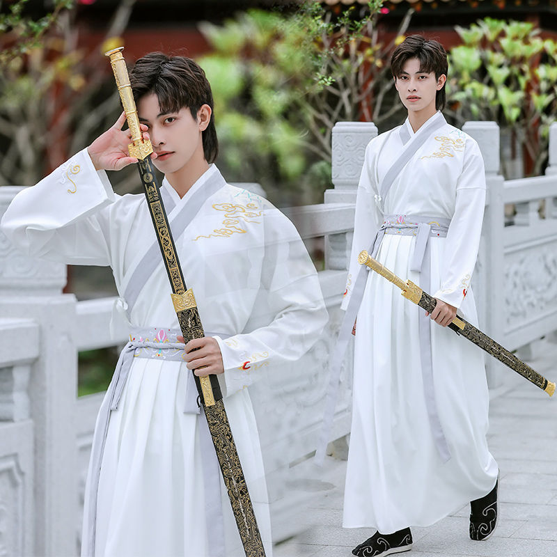 汉服男装武侠风男女款全套情侣古风剑客白色长袖学生古装毕业班服图片