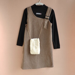 打底衫 灯芯绒连衣裙子两件套 春秋冬休闲套头长袖 女童背带裙套装