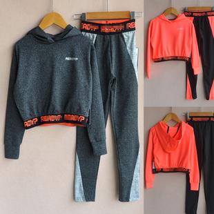 女童速干套装春季洋气短款宽松连帽运动卫衣外套快干九分长裤子