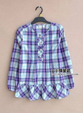 女童纯棉长袖衬衫格子中长款衬衣