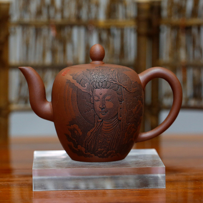 全手工刻绘观音像家用泡茶壶