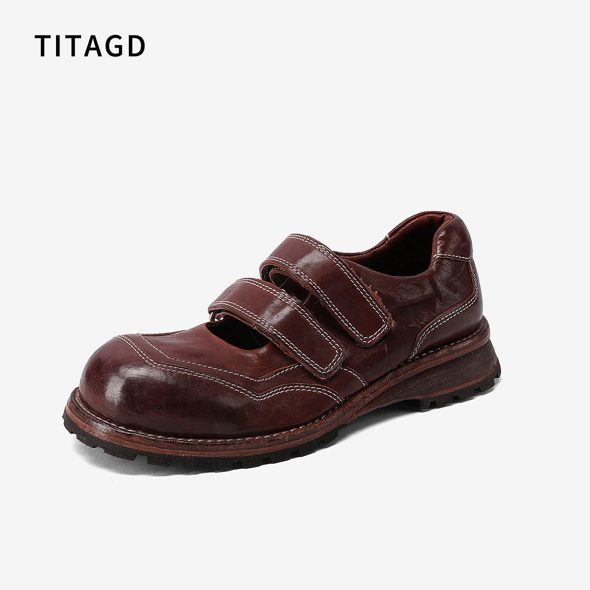 TITA2025春夏新款复古厚底小皮鞋女水洗马皮魔术贴双袢带玛丽珍鞋