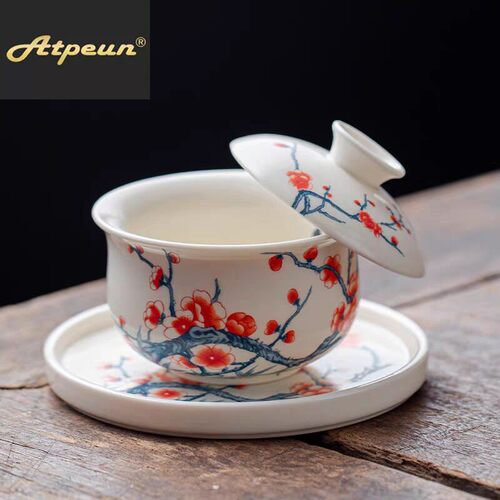 ATPEUN梅花布袋三才盖碗可悬停旋转单个高档泡茶碗茶杯家用陶瓷功