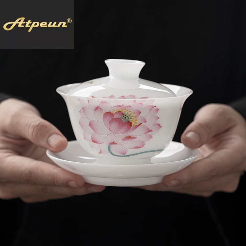ATPEUN国风手绘白皙玉泥三才盖碗带盖 茶杯茶盏 陶瓷功夫茶具泡茶
