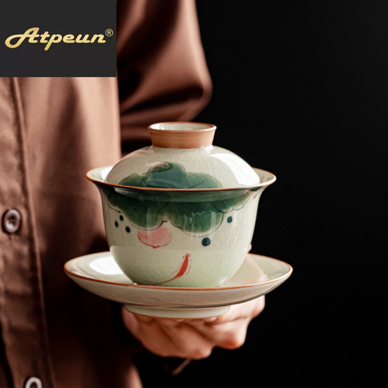 ATPEUN手绘哥窑三才盖碗大号带盖单个高档家用陶瓷泡茶杯功夫茶具