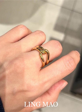 金色素圈交叉打结环扣戒指高级感