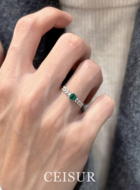 复古树叶绿色方形闪钻戒指高级感