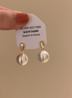 925纯银针金色水滴拉丝金属球耳钉女ins冷淡风百搭耳饰高级感法式