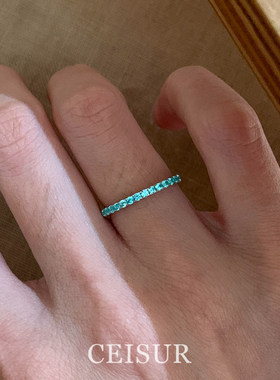 蓝色爆闪排钻戒指简约高级感轻奢