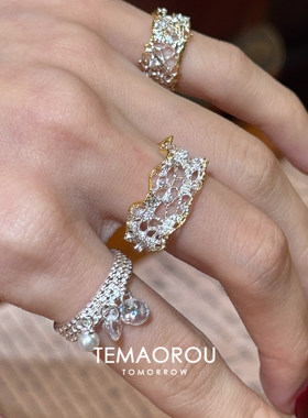 古典设计感银蕾丝网格不规则戒指