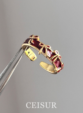 韩系ins风红色滴油蝴蝶结戒指女