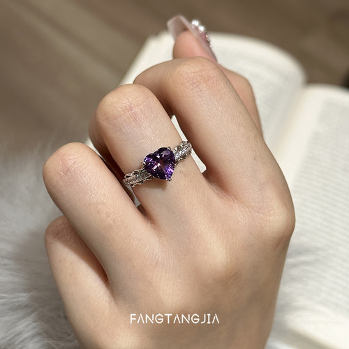 S925纯银爱心天然紫水晶戒指复古